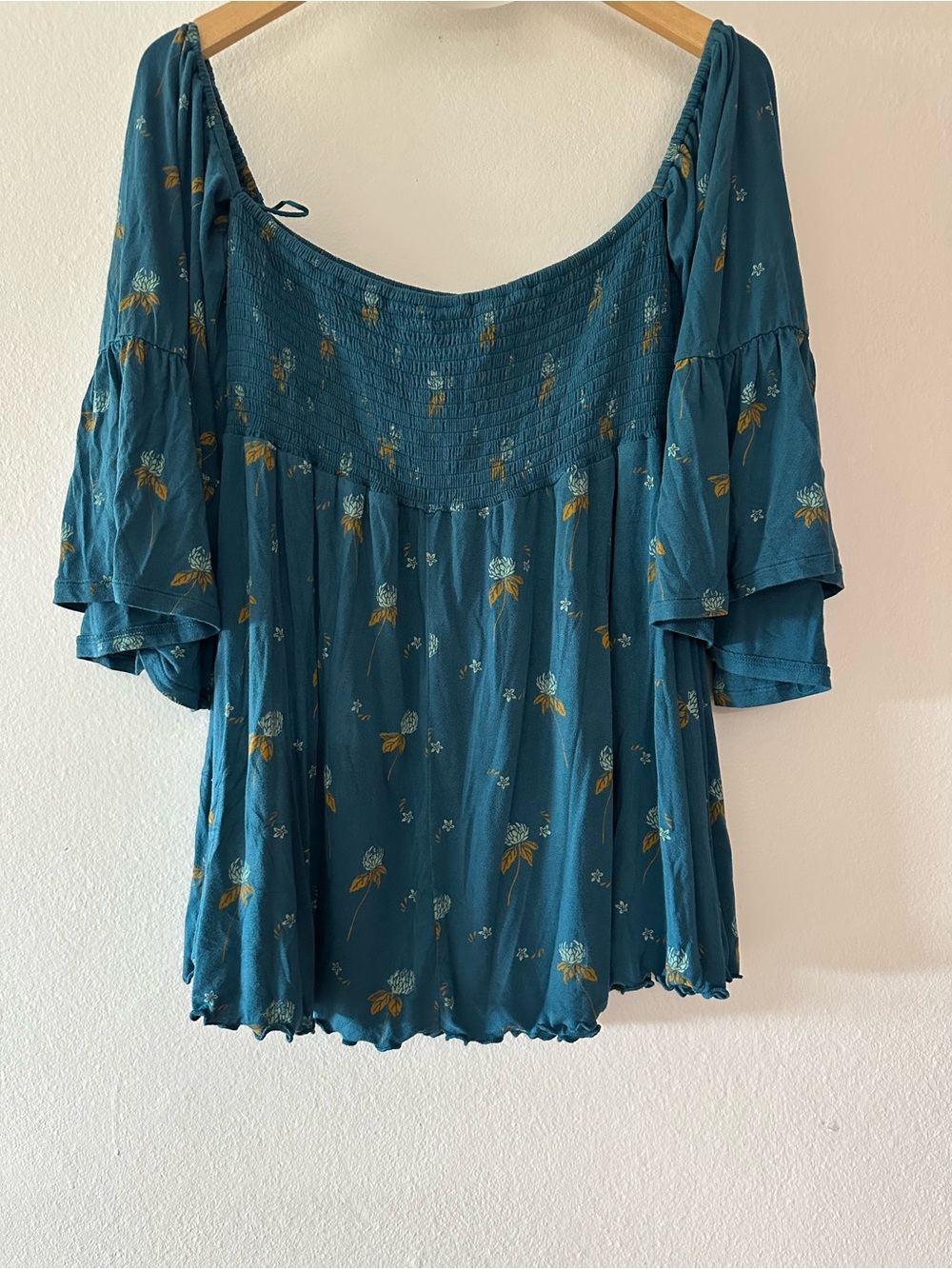 Free People off-shoulder blouse, small, turquoise floral print, smocked front.